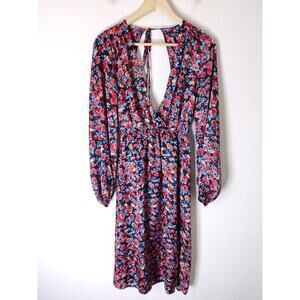 3/$20 Nasty Gal Red & Blue Floral V-Neck Tie Back Long Sleeve Midi Dress Size 6
